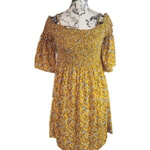 Magnolia Skye Size L Off the Shoulder Mini Sun Dress Mustard Yellow Floral Rouch